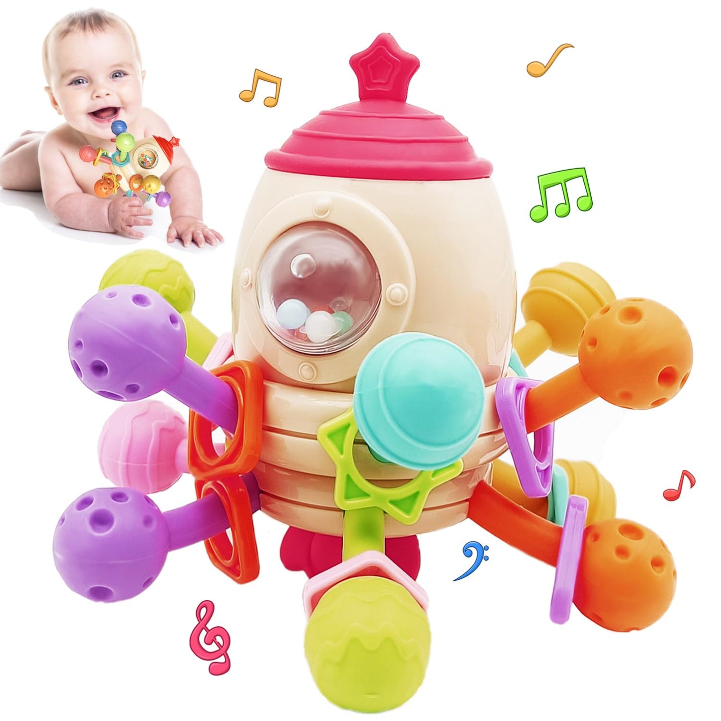 Baby Teething Toys Sensory Infants Toys Baby Teether Rattling Soothing Pacifier Grasping Activities Baby Chew Toys for 6-12-18 Months Boys Girls Gifts (Rocket)