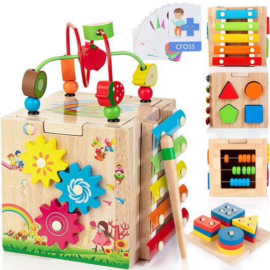 Bravmate Wooden Activity Cube 8-in-1 Wooden Montessori Learning Toys for 18 M+ Toddlers One Year Old First Birthday Gift Baby Toy Set with Bonus Sorting & Stacking Board