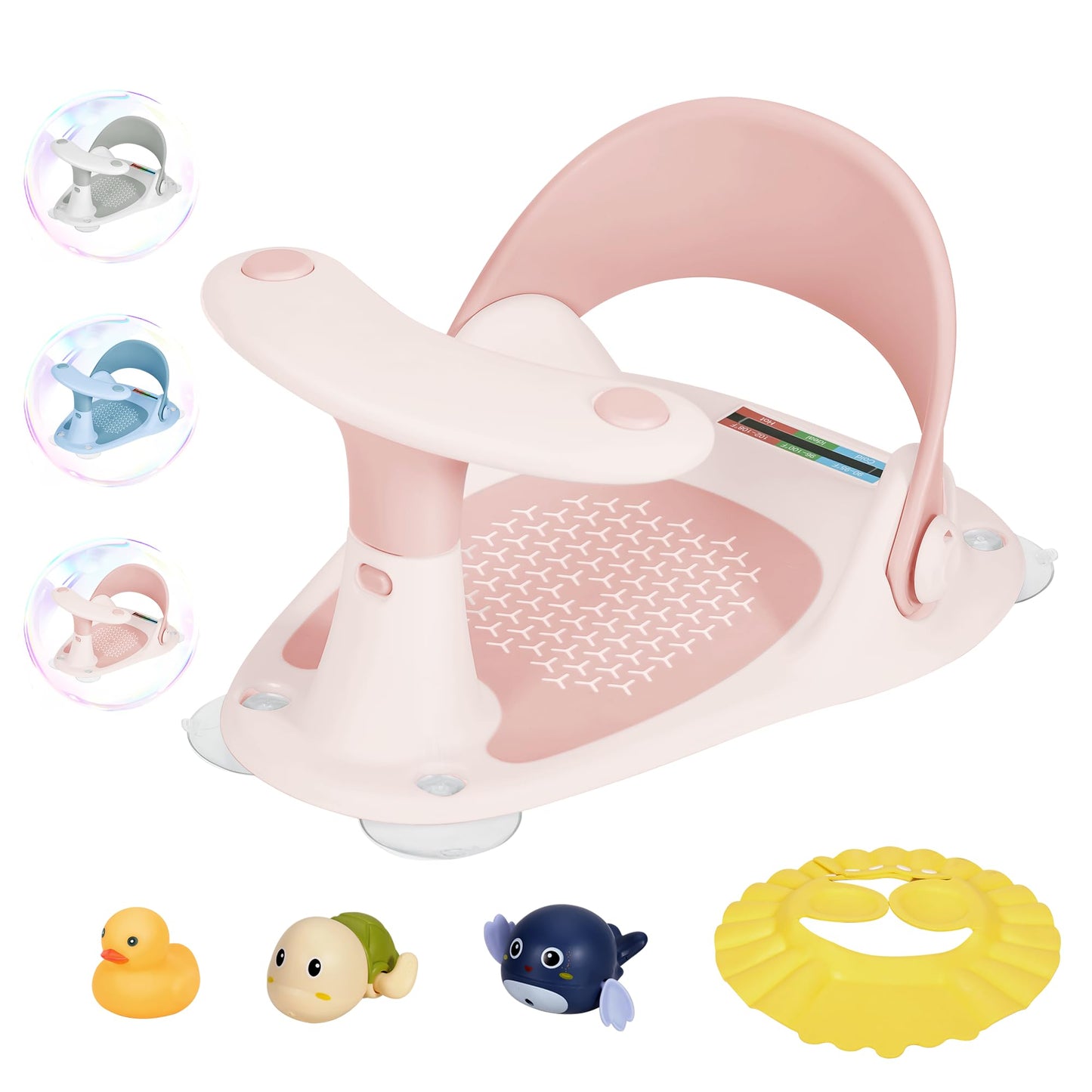 Wddbb Baby Bath Seat 6-24 Months-Baby Bath Support Toddler Bath Seat with Water Thermometer/4 Strong Suction Cup/3 Bath Toys/Shower Cap Baby Bath Seats for Sitting up in The tub(Pink)