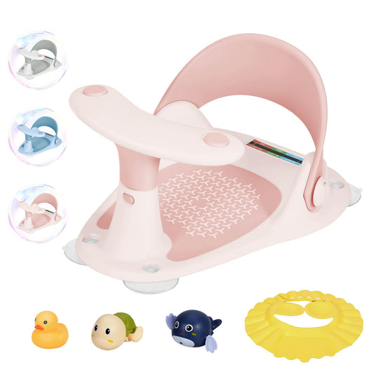 Wddbb Baby Bath Seat 6-24 Months-Baby Bath Support Toddler Bath Seat with Water Thermometer/4 Strong Suction Cup/3 Bath Toys/Shower Cap Baby Bath Seats for Sitting up in The tub(Pink)