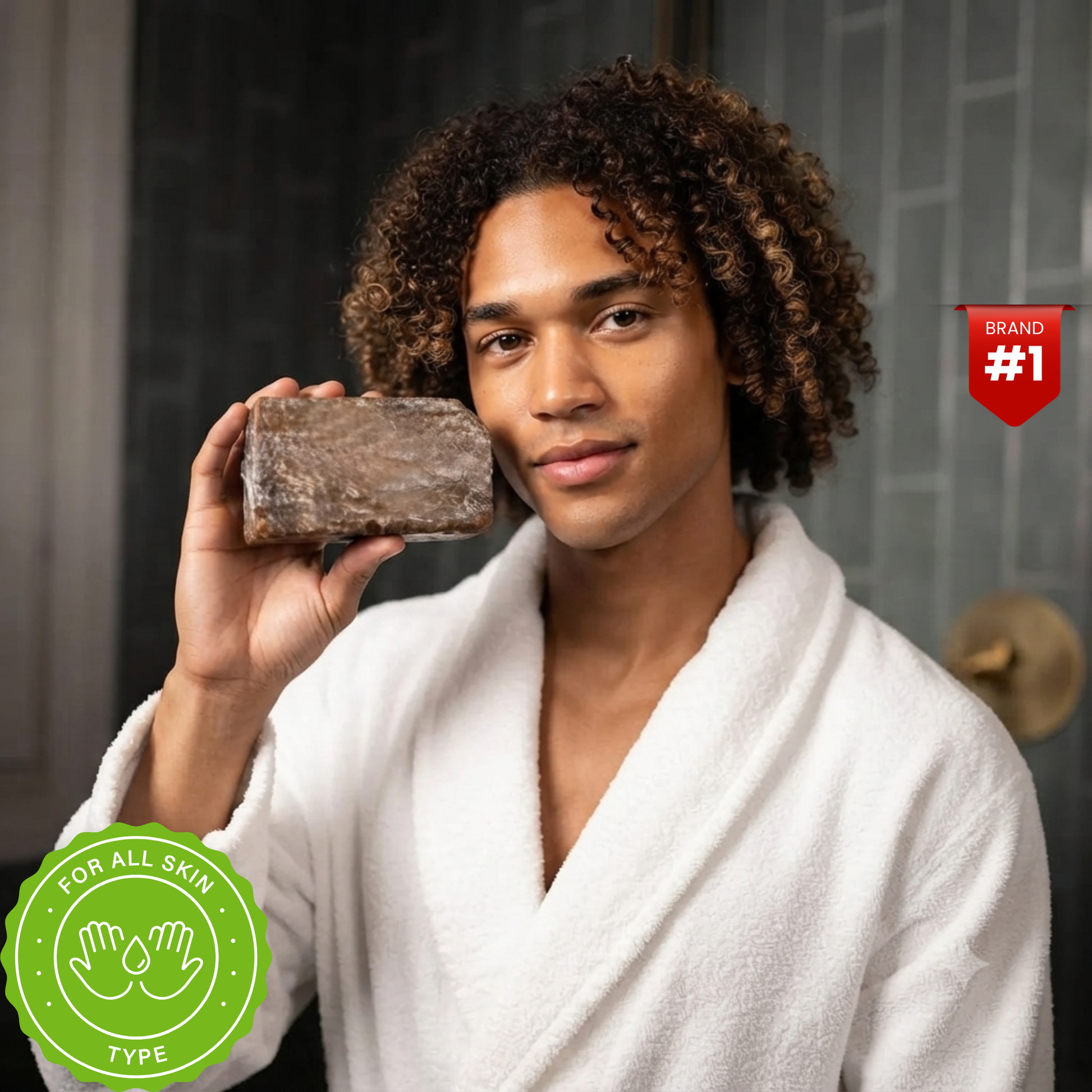 A man in a white bathrobe holding a bar of raw African black soap