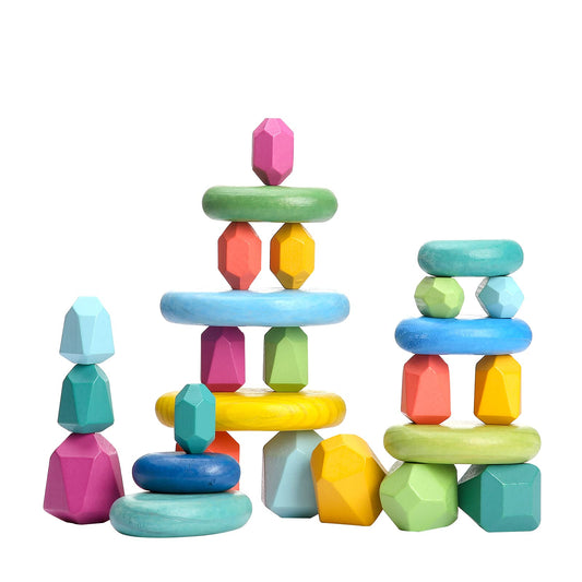 OESSUF Stacking Rocks 26Pcs Stacking Blocks Balancing Stacking Stones Wooden Building Toys Wood Stone Stacking Game for Toddler Sorting Preschool Educational Montessori Stacking Rocks for Kids