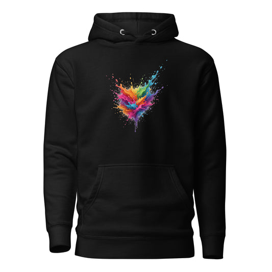 Black unisex pullover hoodie with example rainbow paint-splash graphic placement, ready for your own uploaded design, Delmas33