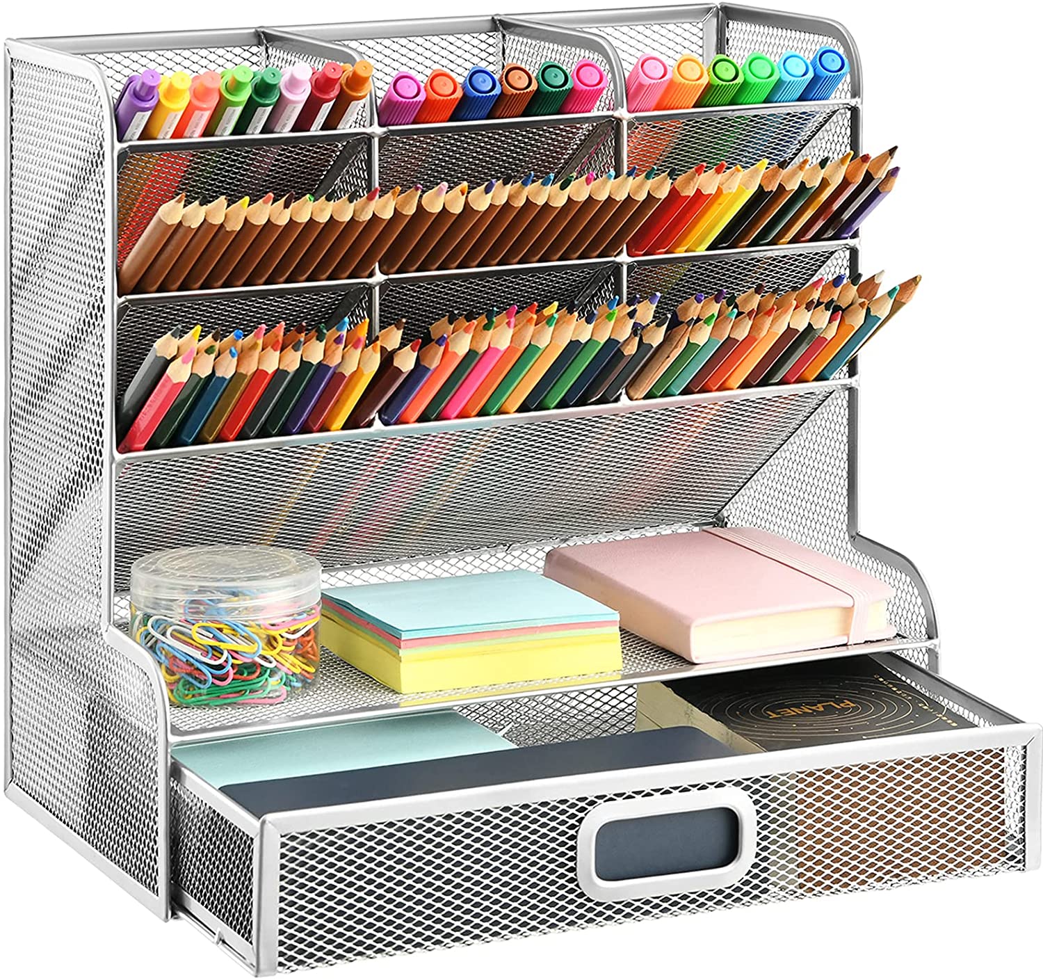 Marbrasse Upgraded Mesh Desk Supplies Organizer with Drawer, Office Desktop  Organizers and Accessories, Desk Stationery Organizer Caddy for School, 4