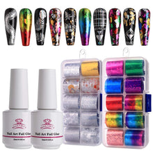 Load image into Gallery viewer, Nail Art Foil Glue Gel with Starry Sky Star Foil Stickers Set Nail Transfer Tips Manicure Art DIY 15ML, 20PCS (4cm100cm)
