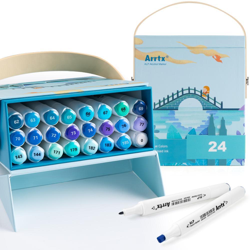 Arrtx ALP Blue Tone 24 Colors Alcohol Marker Pen Dual Tips Markers Perfect for Painting Sky, Sea, River, etc