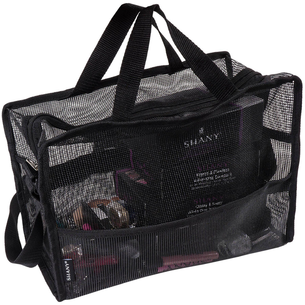 SHANY Collapsible Mesh Bag – Large See-Thru Travel Tote with Shoulder Straps – Water-Resistant with Zippered Pockets – Black - SHOP  - MESH BAGS - ITEM# SH-MB200-BK