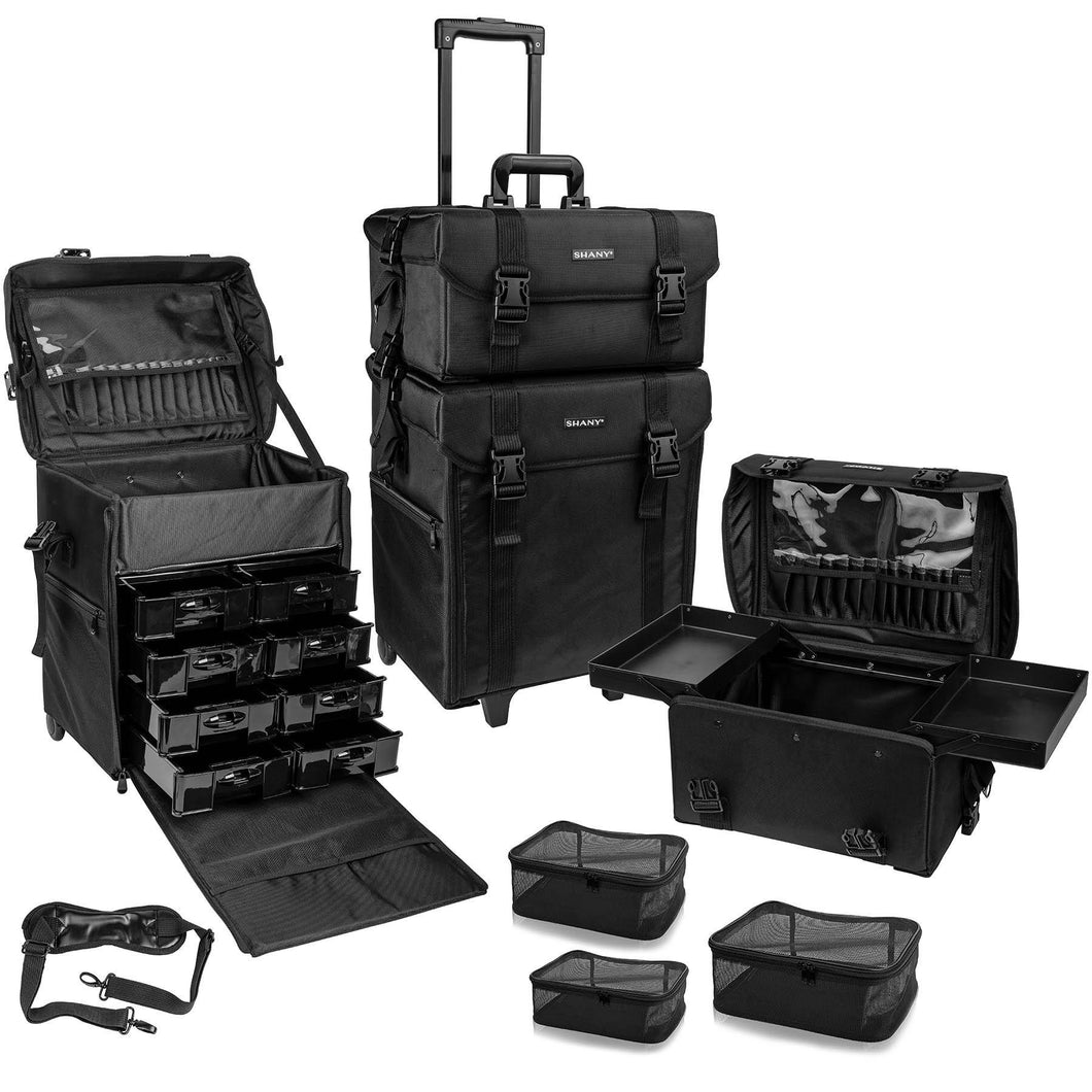 Soft Makeup Artist Rolling Trolley Cosmetic Case with Free Set of Mesh Bag