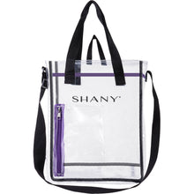 Load image into Gallery viewer, SHANY Clear Toiletry and Makeup Carry-On Travel Bag – Large Multiple Handle, Two-Tone Tote with Purple Front Zippered Pocket - SHOP  - TRAVEL BAGS - ITEM# SH-PC17-BK
