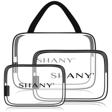 Load image into Gallery viewer, SHANY Clear PVC Toiletry and Makeup Carry-On Bag Set - Assorted Sizes Travel Cosmetic Organizers with Black Trim - 3PC Set - SHOP  - TRAVEL BAGS - ITEM# SH-PC22-BK
