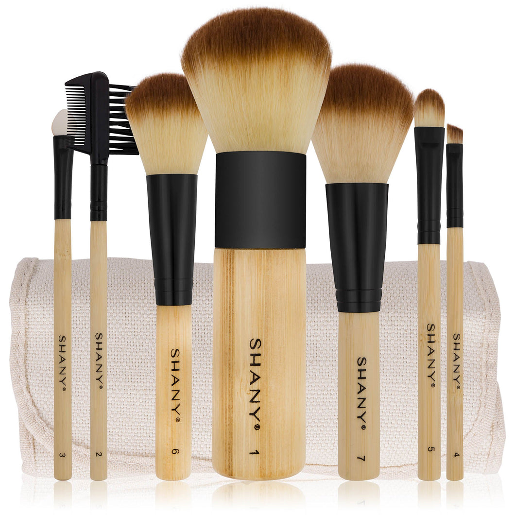 SHANY Bamboo Makeup Brush Set - Vegan Brushes With Premium Synthetic Hair & Cotton Pouch - 7pc - SHOP  - BRUSH SETS - ITEM# SHANY007-BM